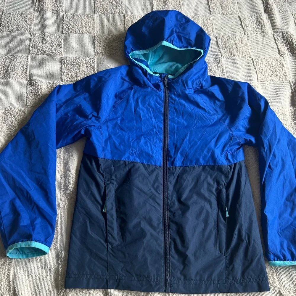 All In Motion Kids Blue Hooded Windbreaker Rain Jacket Size M 8/10